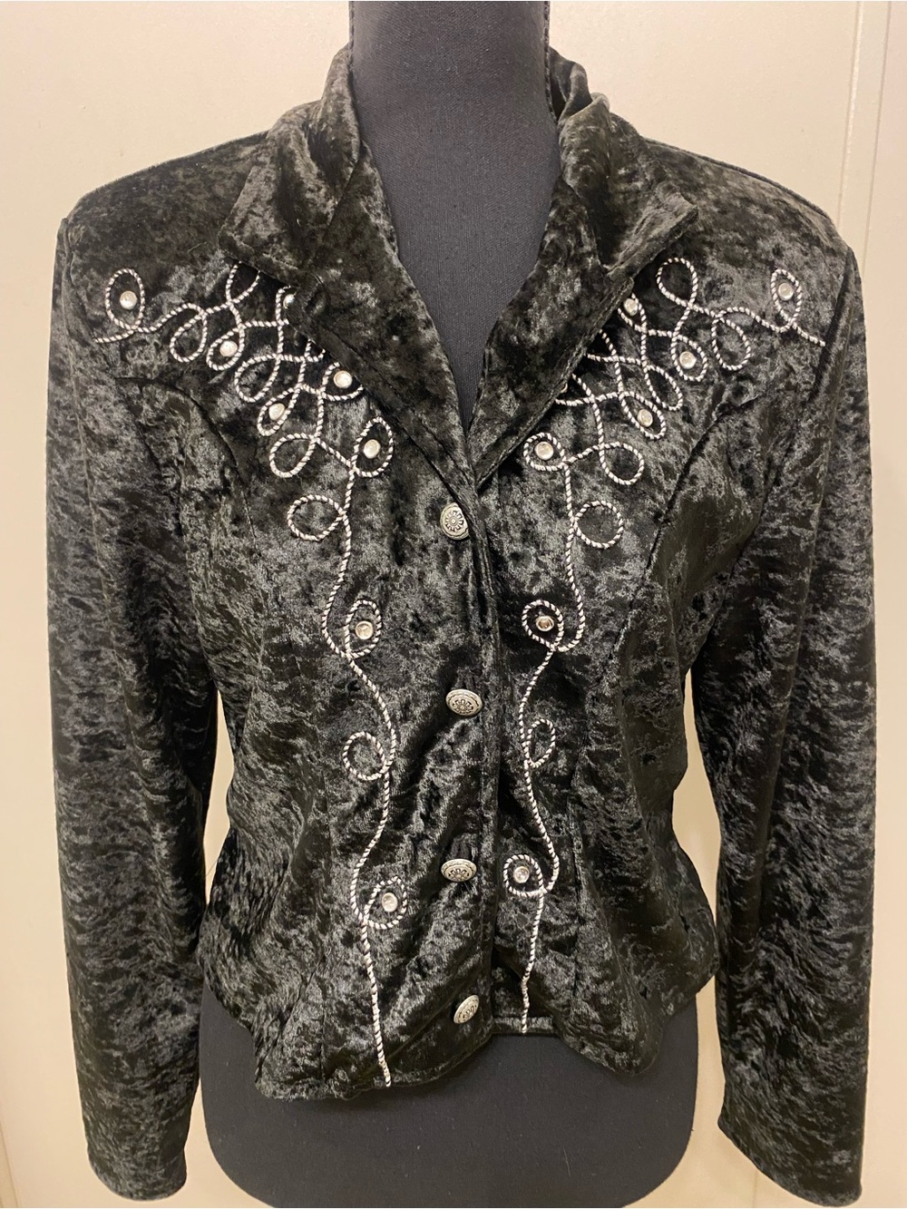 Vintage 80s Women's Black Velvet Embellished Blazer Small EUC